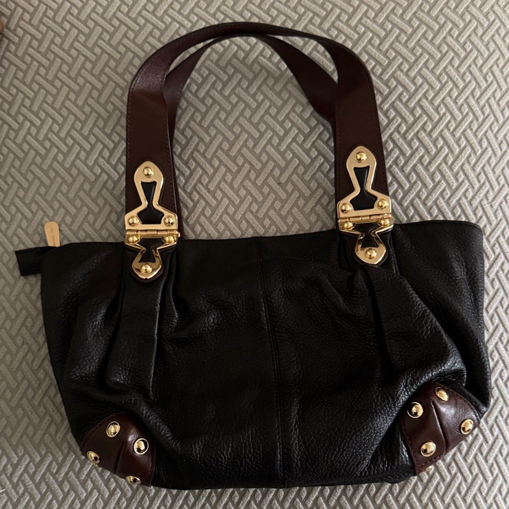Michael Kors Black and Brown Shoulder Bag with Gold Accents